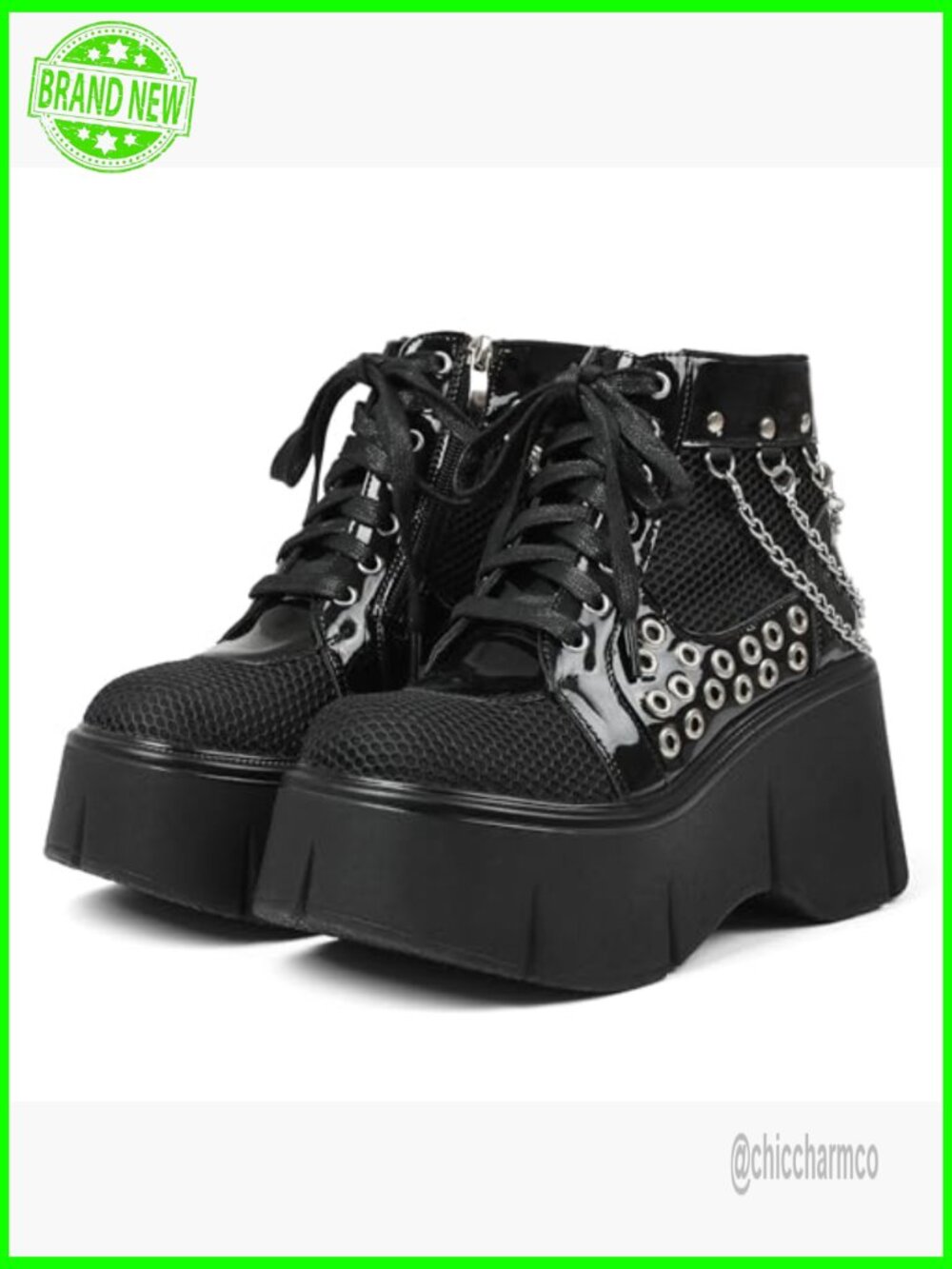 Wedge Platform Lace Up Chain Mesh Combat Ankle Booties Punk Goth - Picture 5 of 7
